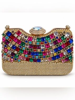 Jeweled Rhinestone Evening Clutch Multicolor Crystal Bag Removable Handle &Chain